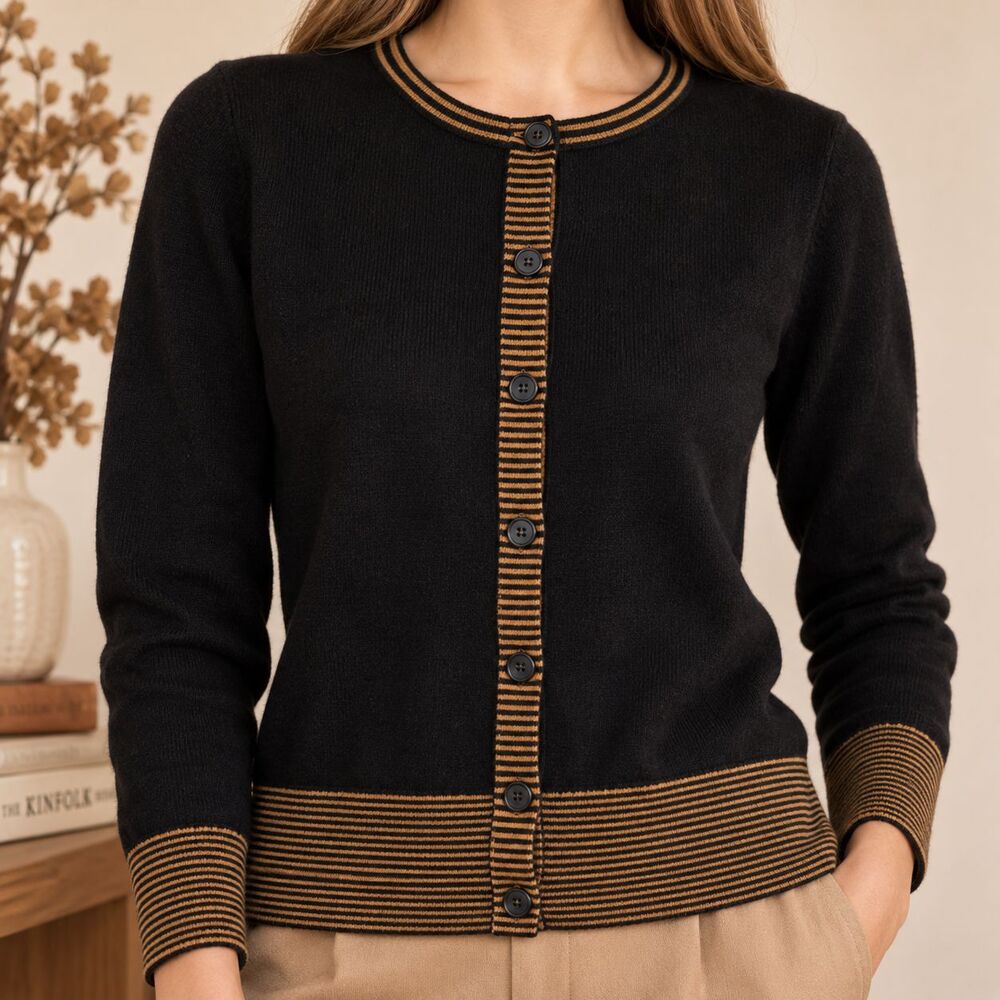 Golden Line 100% Wool Cardigan Black Brown Striped Trim XXS XS Women Button Up - Picture 16 of 16